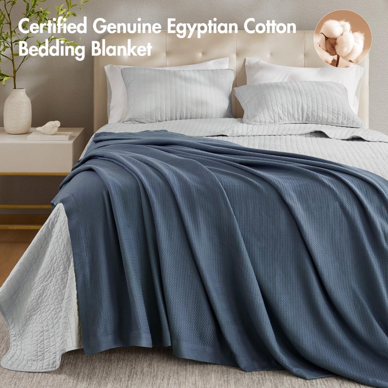 Madison Park 100% Egyptian Cotton Lightweight Summer Blanket, Breathable Waffle Knit Design, Soft Cozy All-Season Throw for Bed, Couch or Sofa, Blue Full/Queen Size (90"x90") - Image 3
